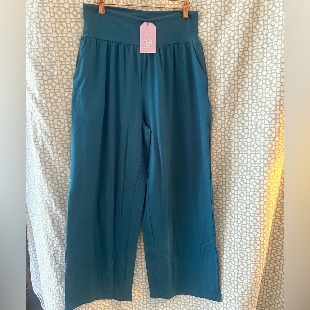 GRACYOGA Teal Blue Wide Leg Pull On Lounge / Athletic / Yoga Palazzo Pants.